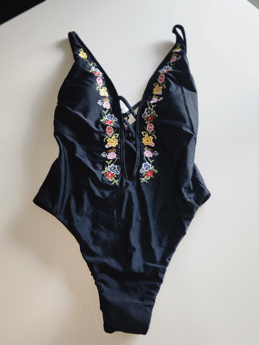 VENUS Black One-Piece Swimsuit with Multicolor Floral Embroidery Size 4